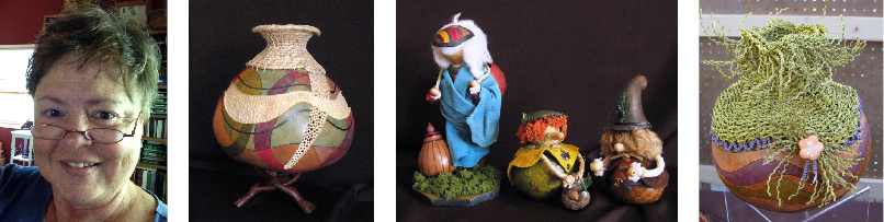 Woman with short brown hair and classes; gourd art