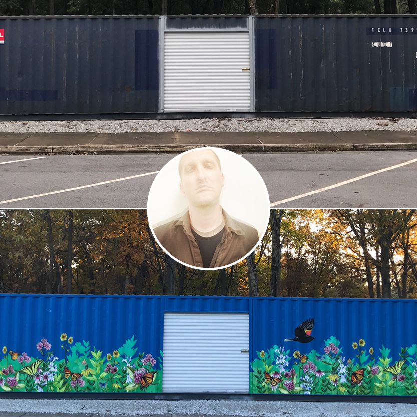 Man leaning against a wall; before and after shipping container public art