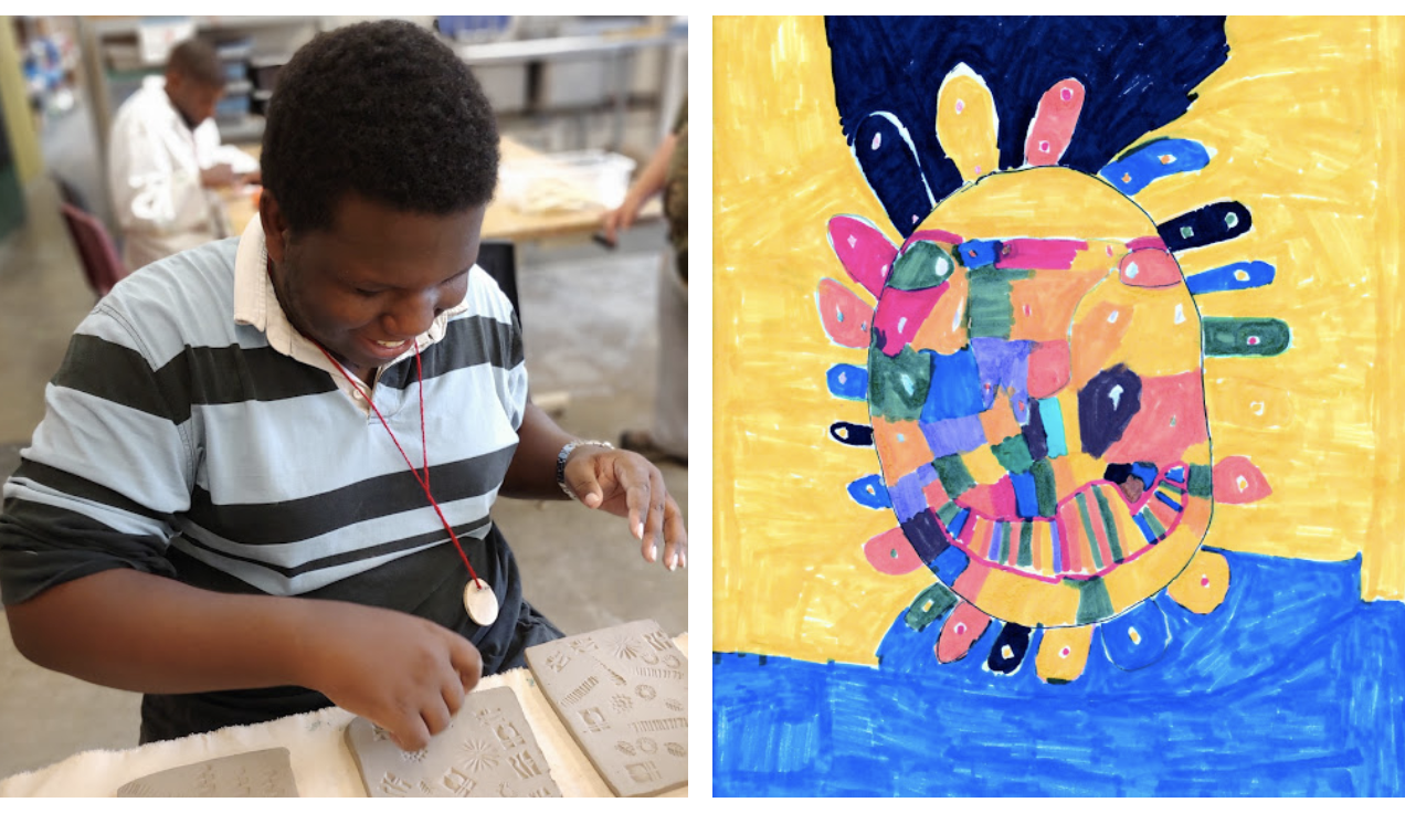 Two photos. Left is artist Kevin stamping clay in the studio. Right is a 2D piece by Ashley depicting multicolor shapes.