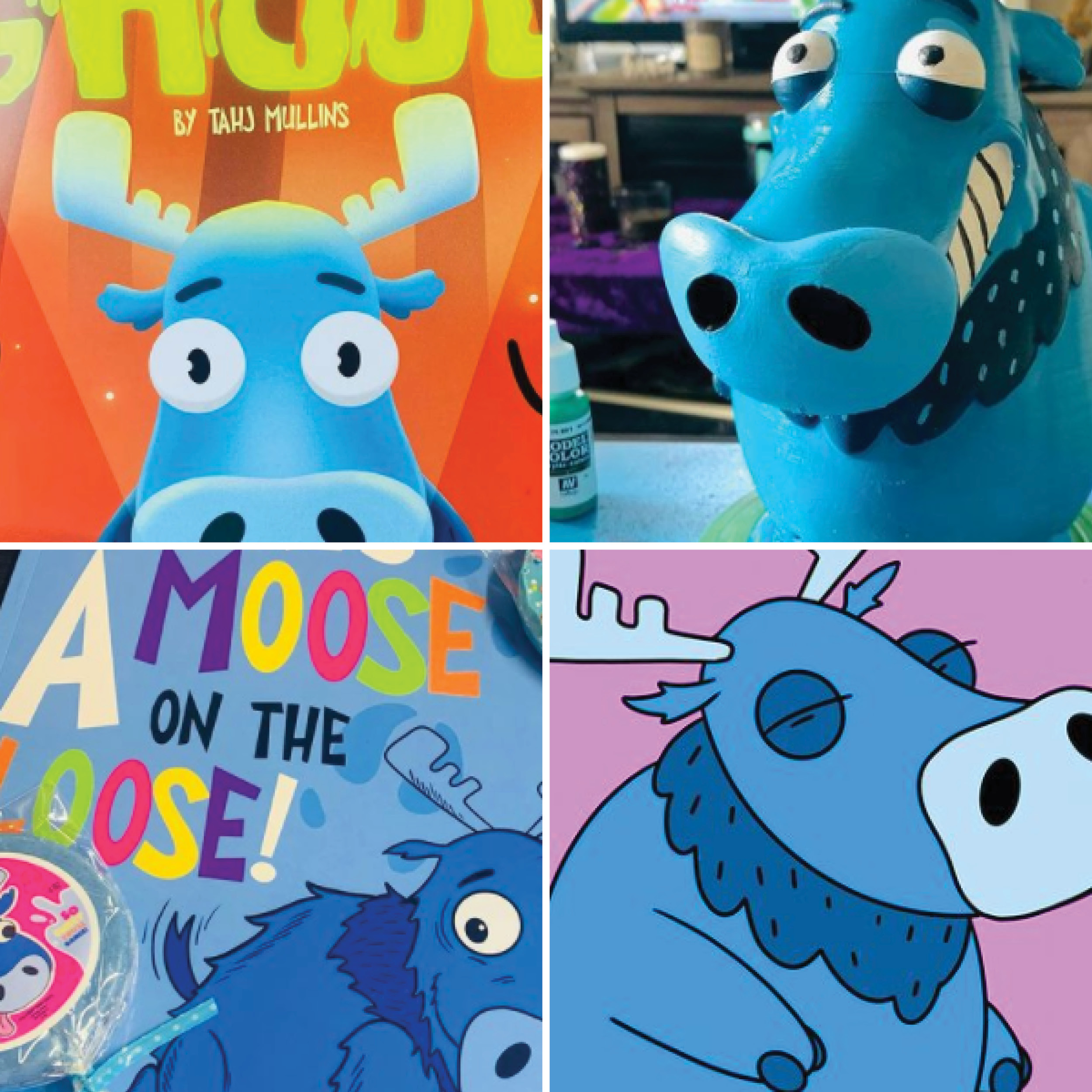 Collage of drawings and statues of blue moose