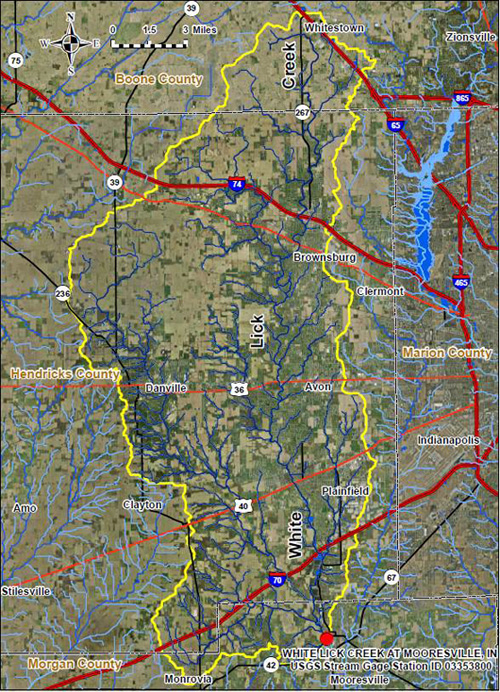 Map showning the drainage basin (in yellow) for the USGS stream gage White Lick Creek at Mooresville