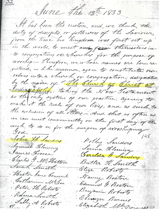 Minutes and Membership of the Central Christian Church of Indianapolis, 1833-1845, Indiana Division, Indiana State Library, 32.