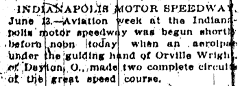 Article about Orville Wright at the Indianapolis Motor Speedway, 1910