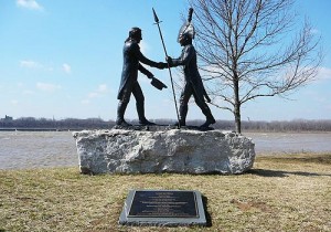 Statue of Lewis and Clark on the banks of the Ohio River, Clarksville, IN.