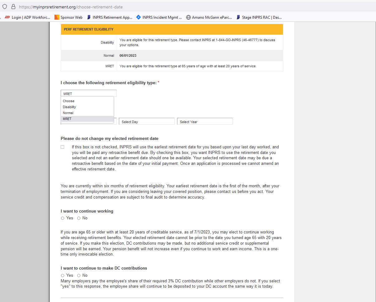 Screenshot of MRET being entered on the retirement application