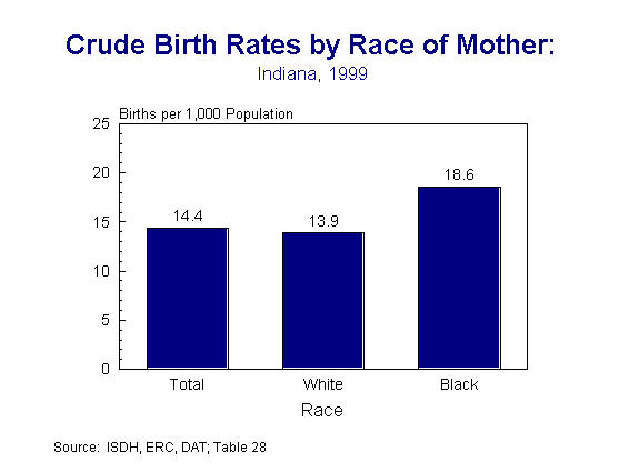 This figure is a column chart showing the crude birth rates by race of mother in 1999. The three columns represent the total, white and black populations