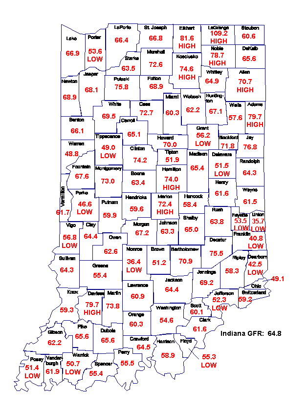 This figure is a geographical map of Indiana showing the general fertility rate of each county in 1999, and whether that rate was significantly higher or lower than the state rate