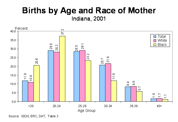 Figure 2 is a multiple column chart showing the percentage of births categorized according to the age group and the race of the mother.  Three different colors indicate the percentage of total, white and black births by age group.  For questions, call (317) 233-7349.