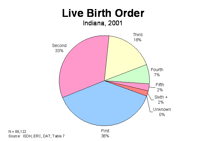 Figure 3 is a pie chart showing the percentage of births by birth order, as in first, second, third birth etc. to the mother in 2001.  For questions, call (317) 233-7349.