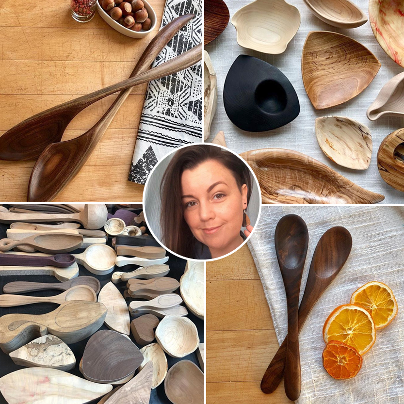 Woman with brown hair; woodworking samples