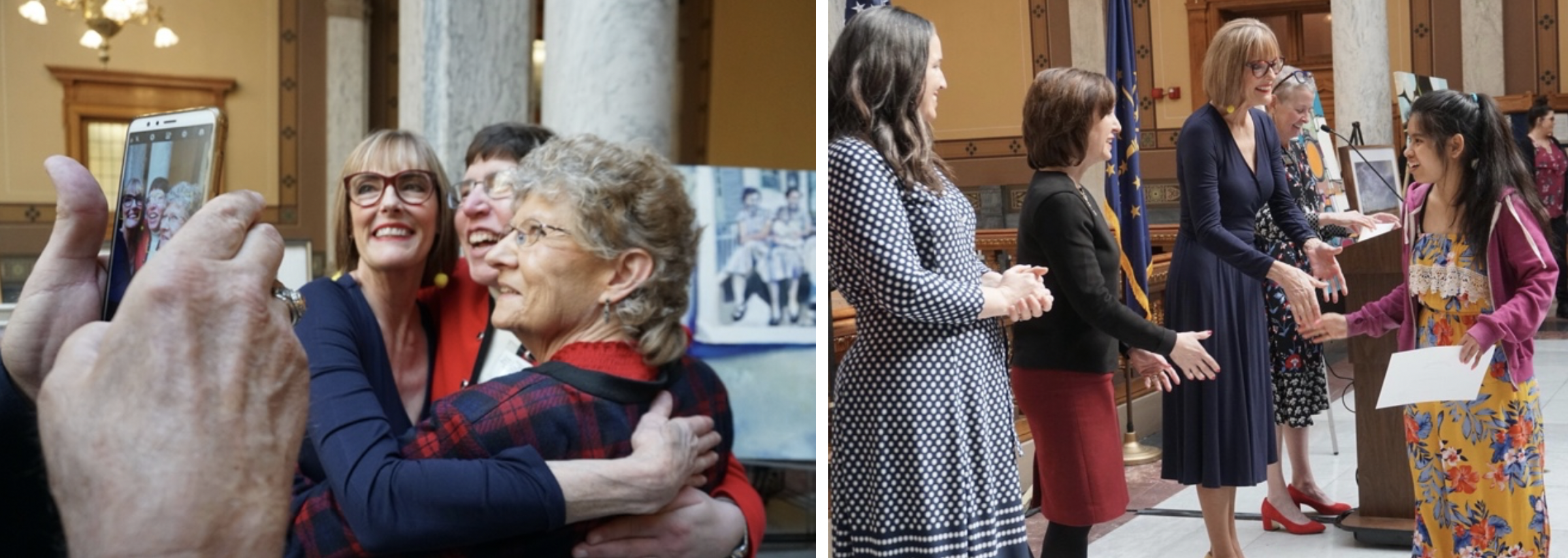  Lieutenant Governor Crouch embracing artist Eileen Siefker (left, middle) and congratulating artist Nina Unternahrer (right)