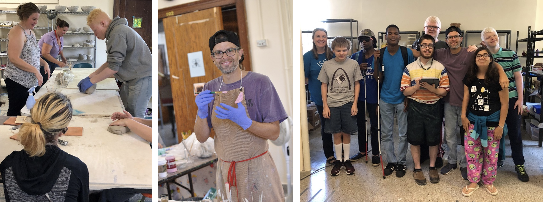 collage of three photos featuring students working with an artist on clay projects in an art classroom at school.