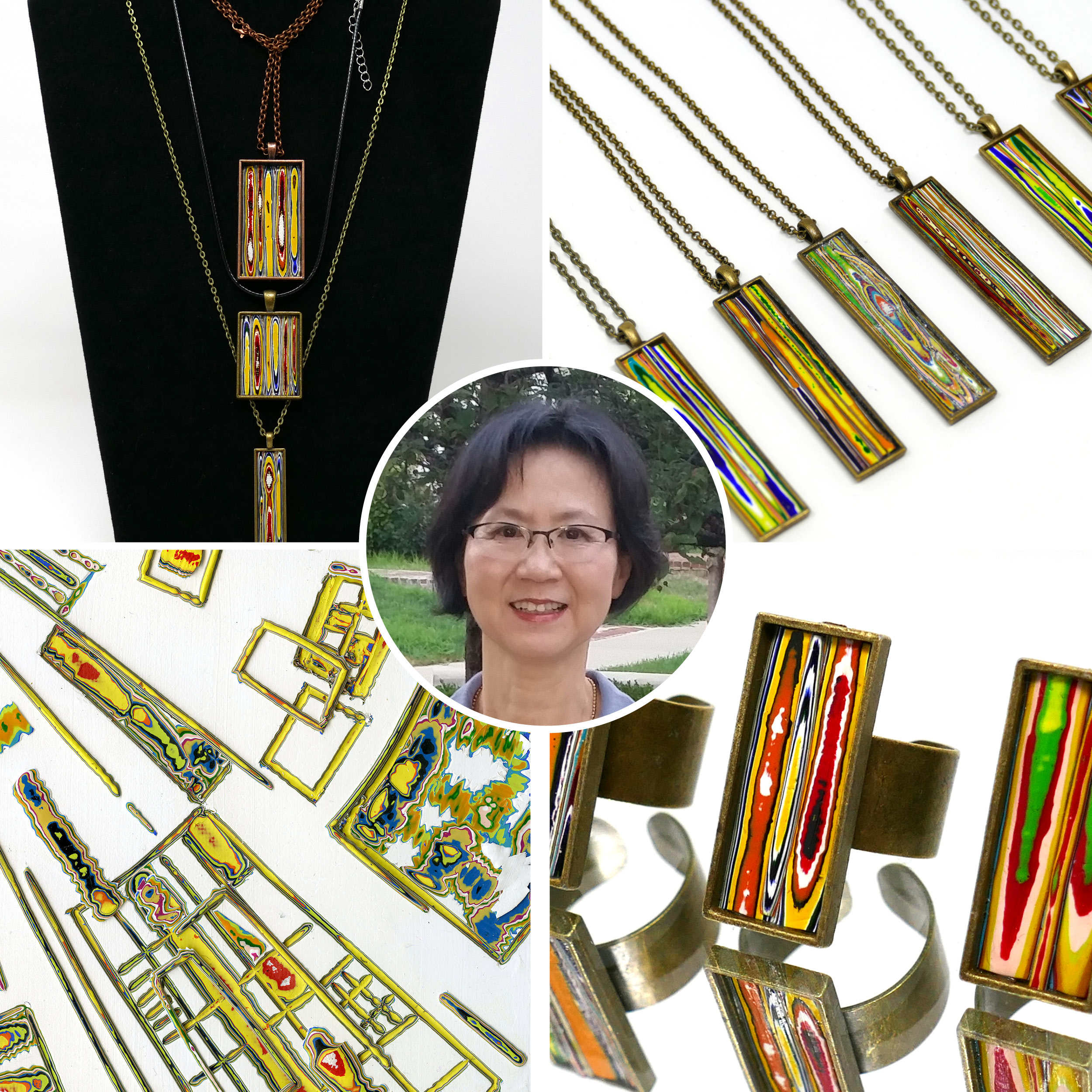 Woman with short dark hair and glasses; jewelry samples