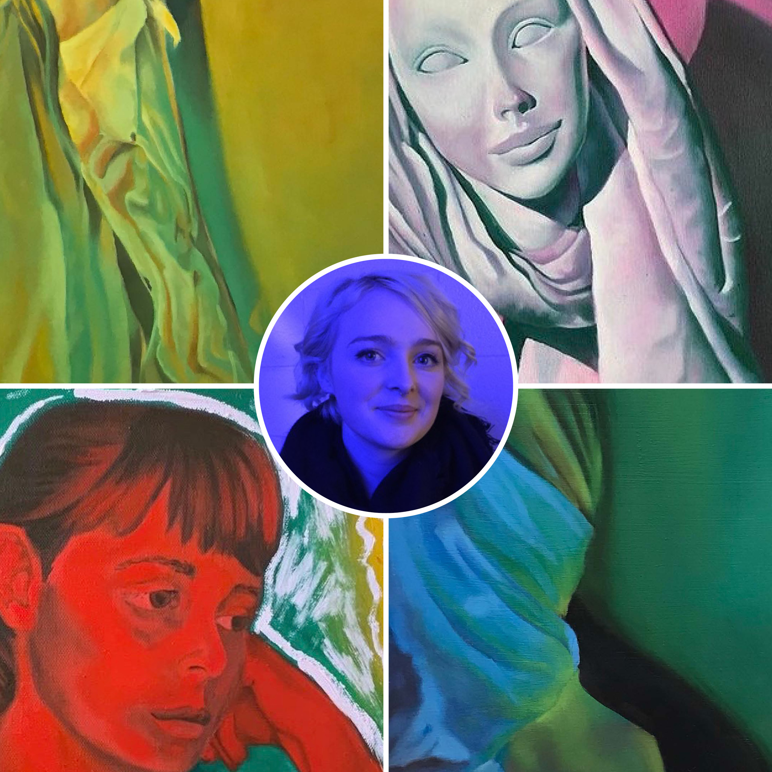 Image of woman with blond hair; work samples of oil paintings