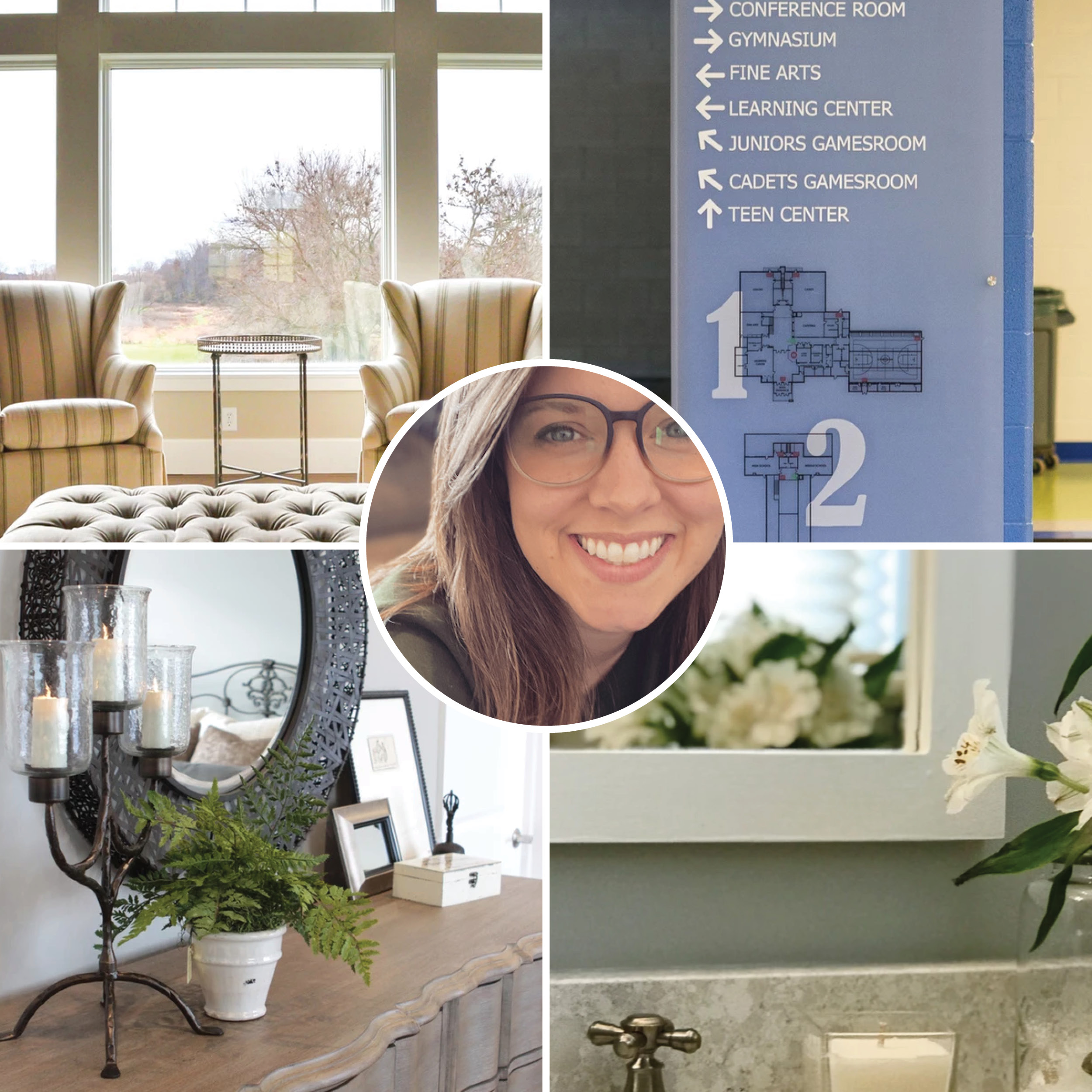 Image of woman with glasses and brown hair; work samples of interior design