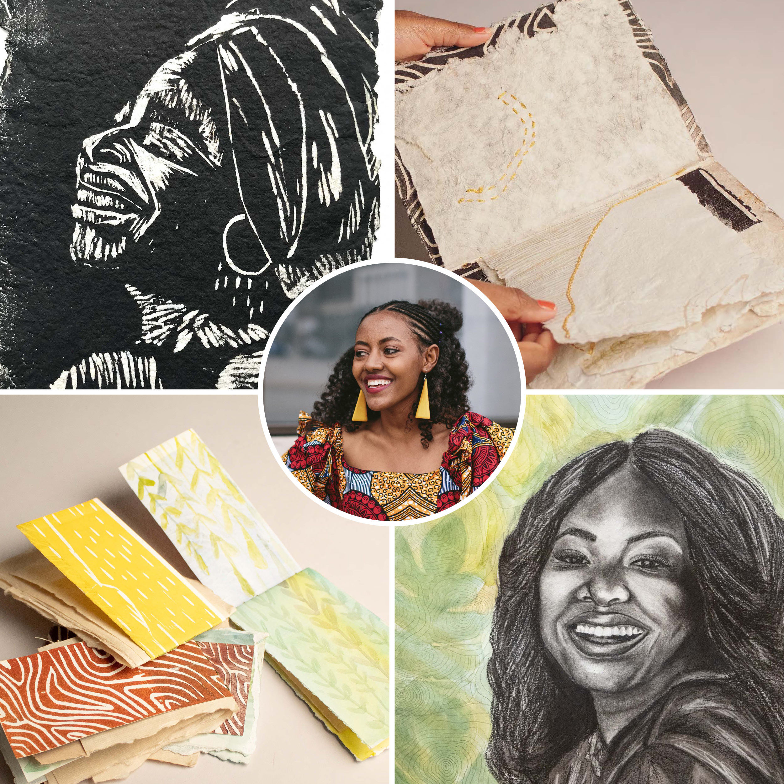 Image of woman with black hair; work samples of drawings and paper arts 