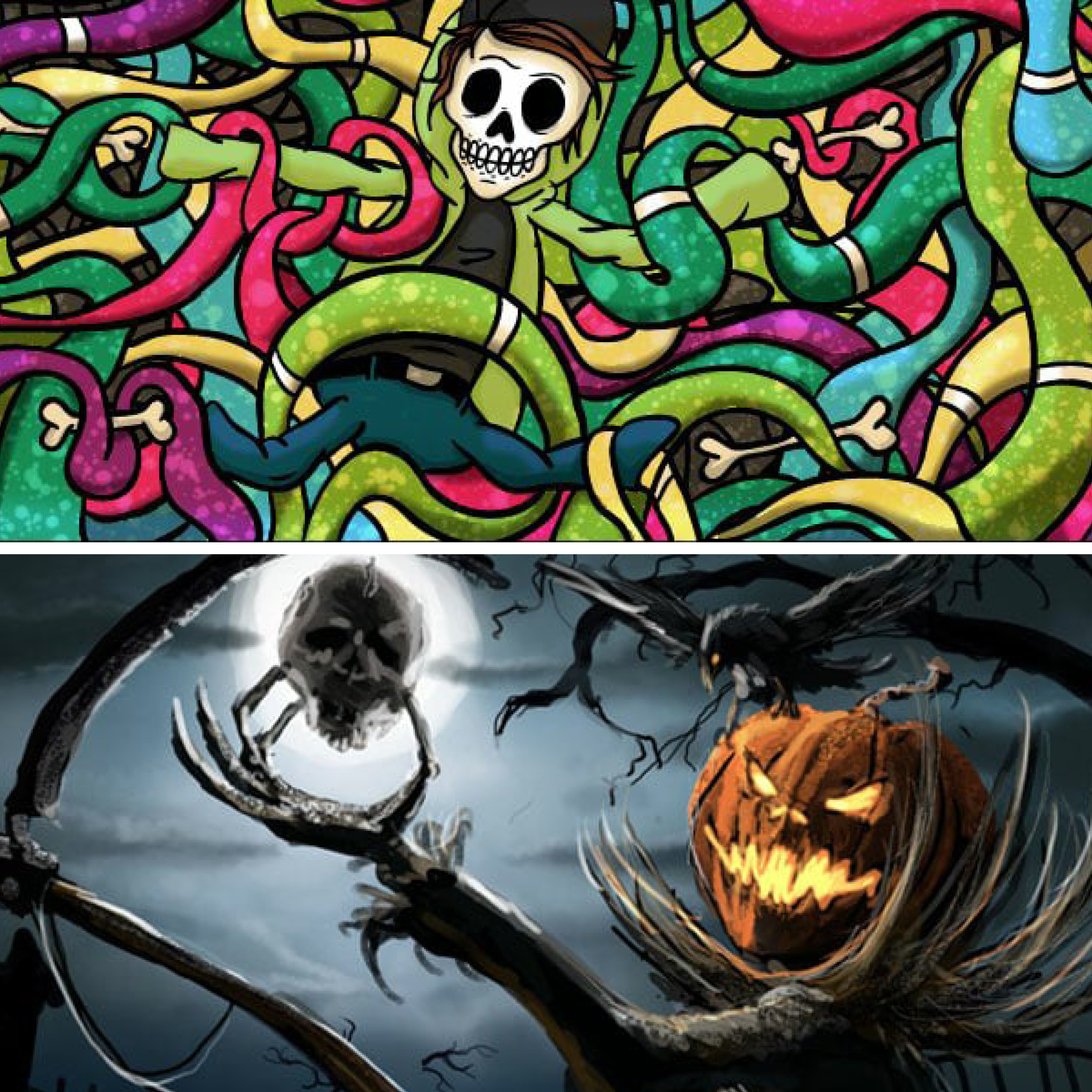 Illustrated graphics, skull themed