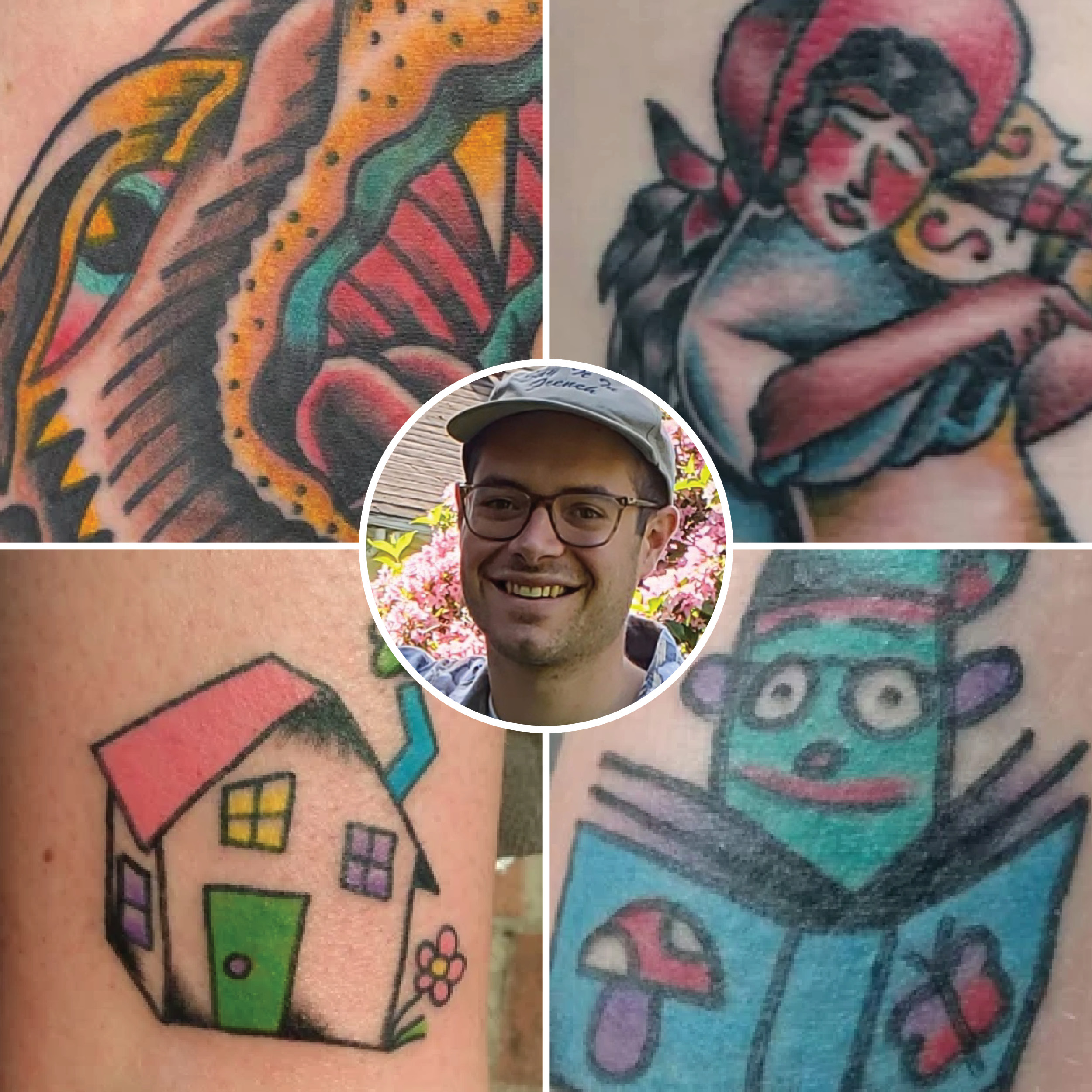 Image of man in hat; work samples of tattoos
