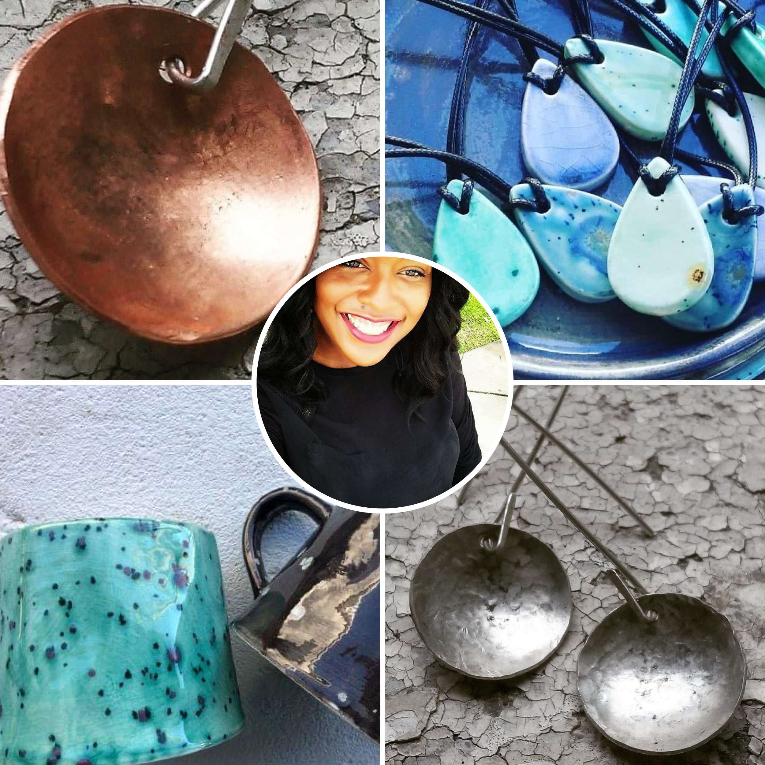 Photo of woman with black hair; work samples of metal and ceramic jewelry and mugs
