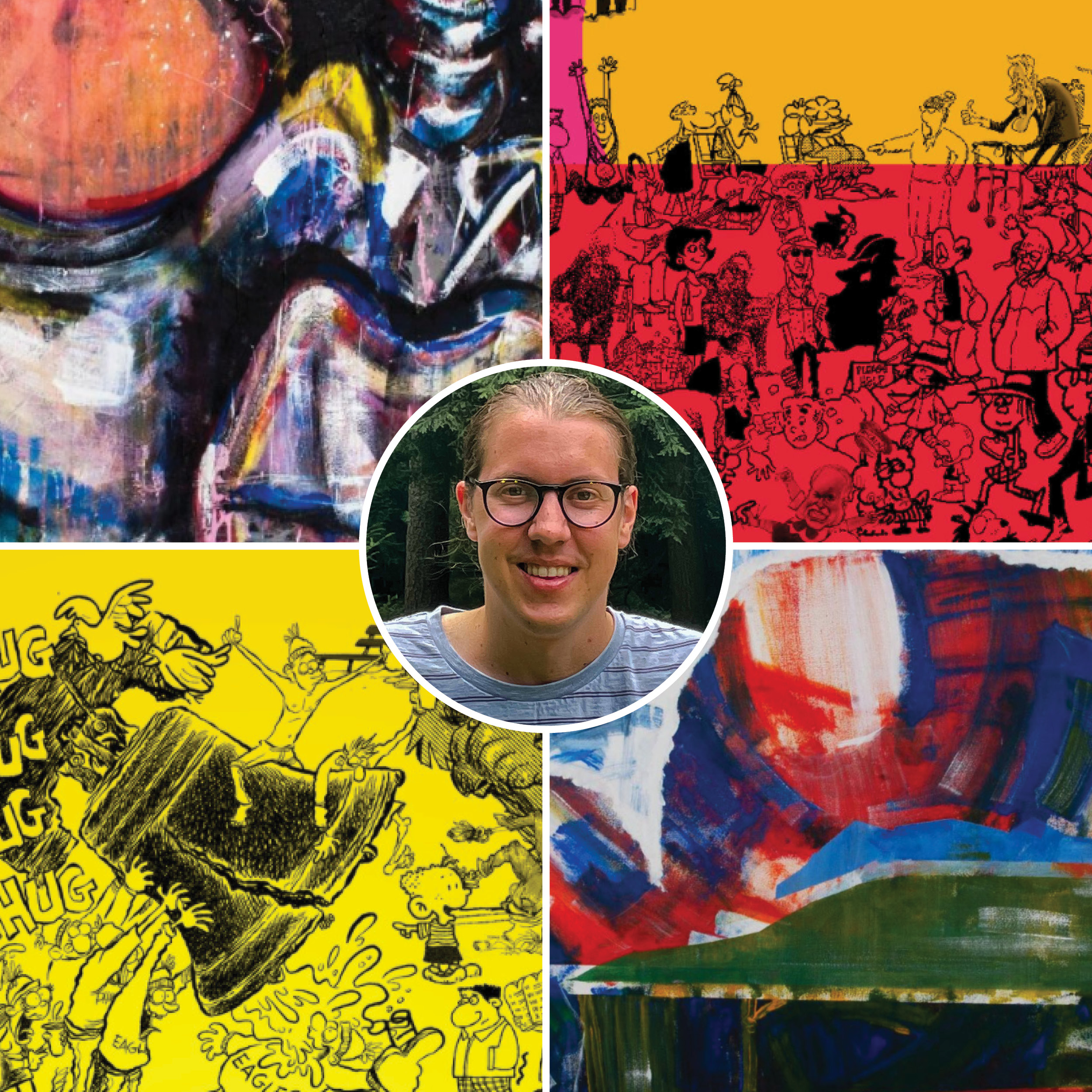 Image of man with glasses; work samples of visual art