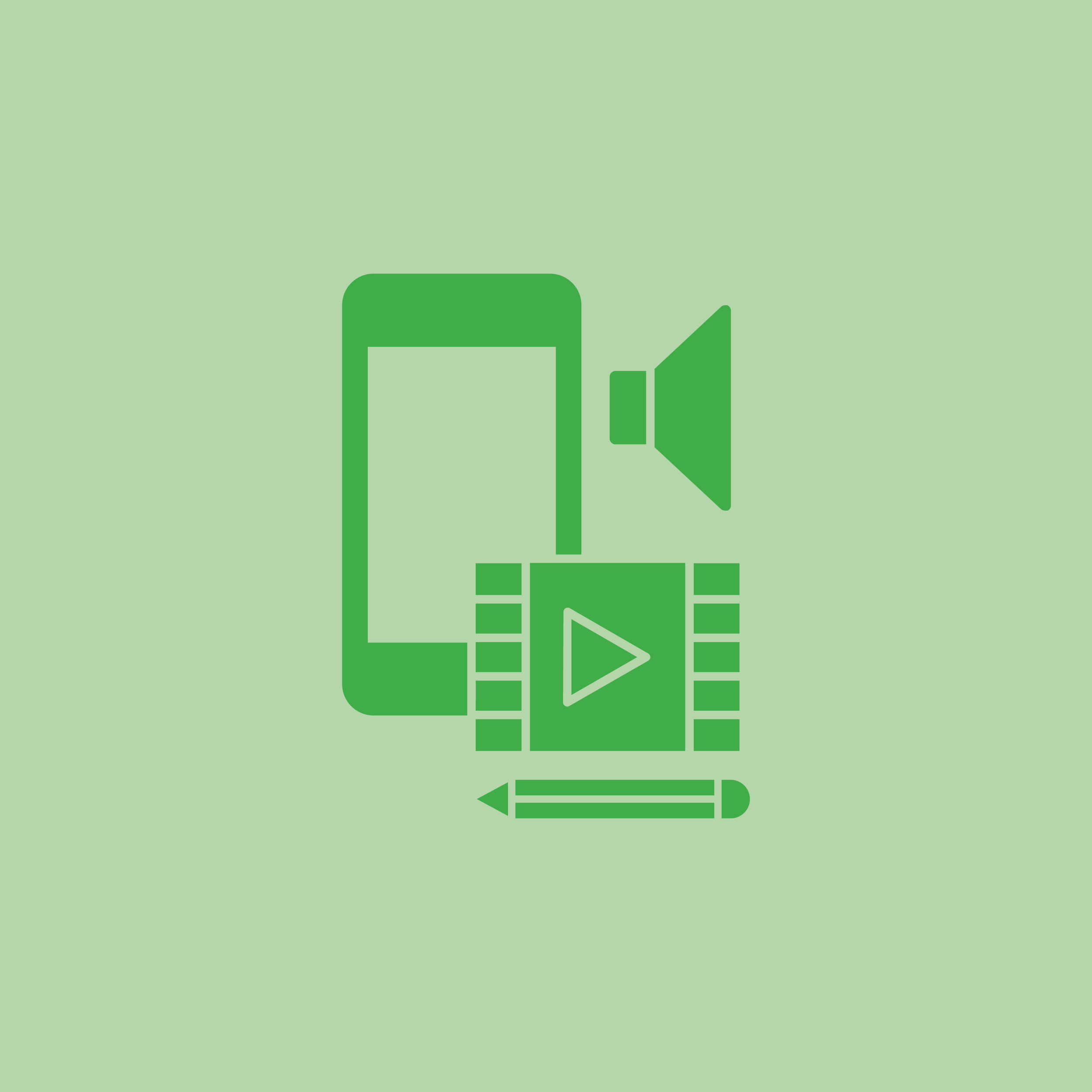 Green graphic of phone, volume symbol, play button, and pencil
