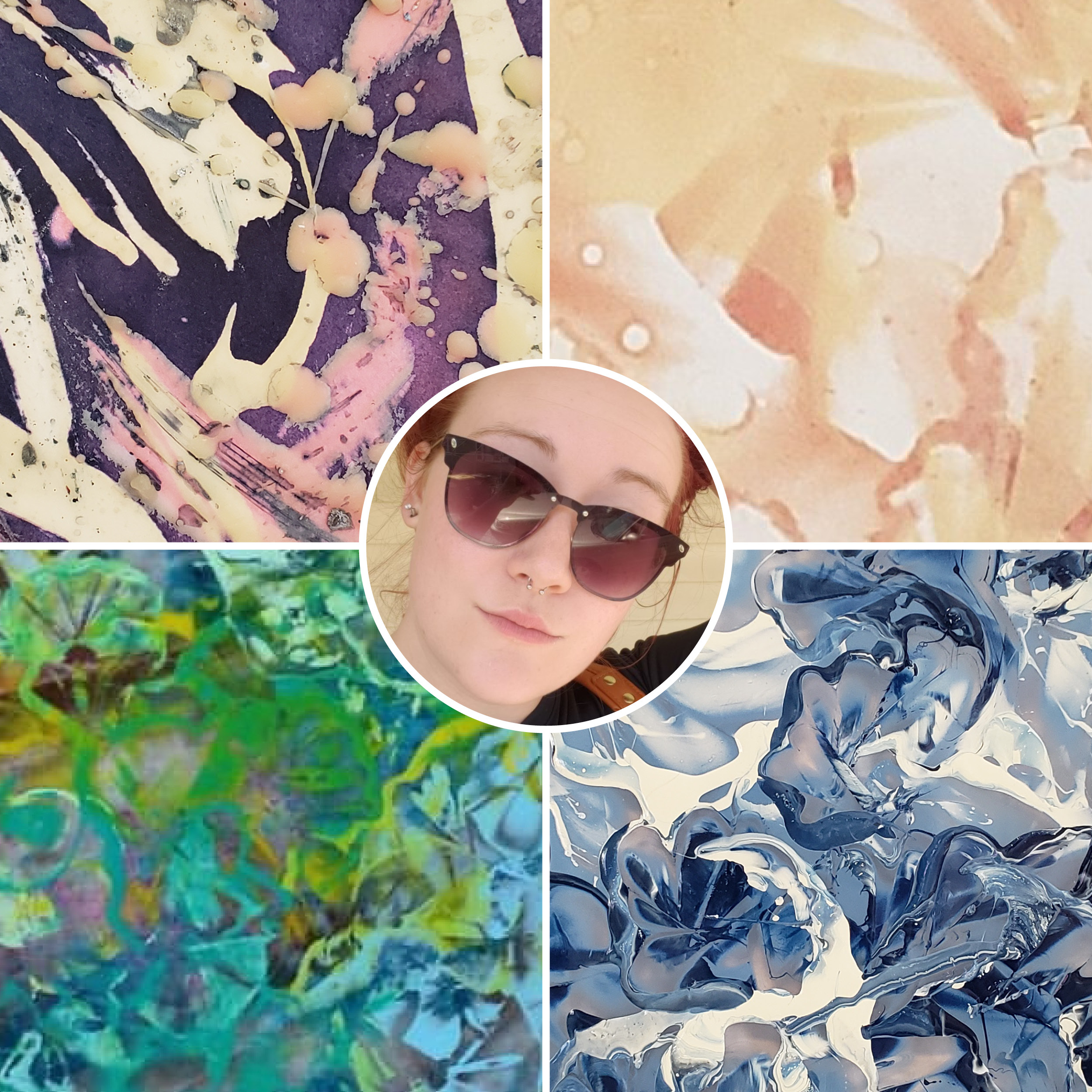 Woman with sunglasses on; abstract artwork