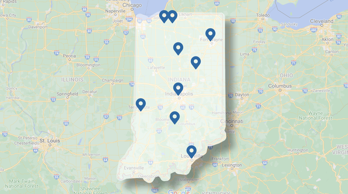 Map of state of Indiana with markers on each of the PACE locations