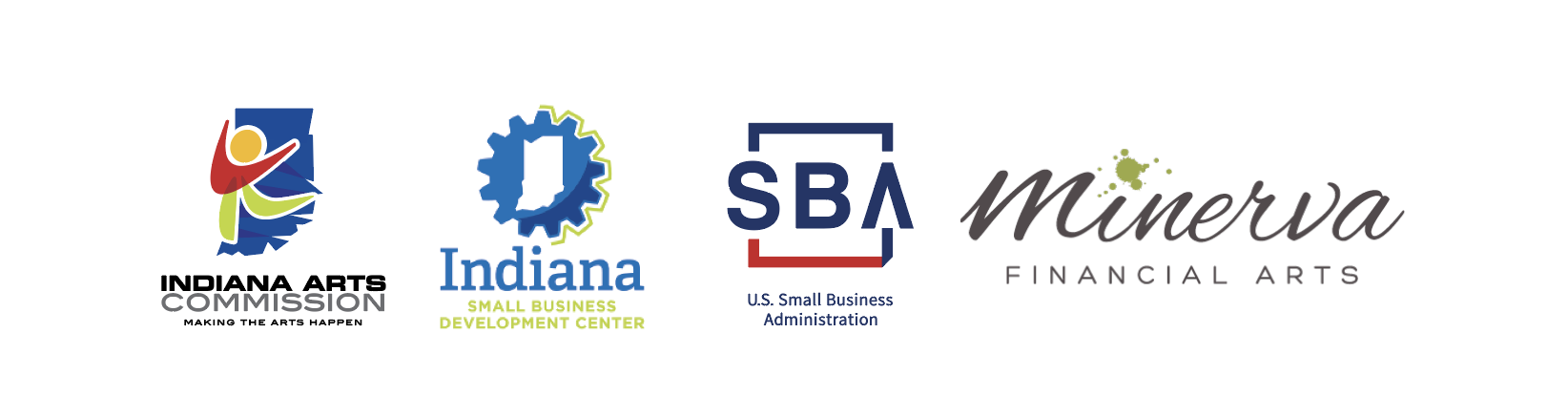 Indiana Arts Commission, Indiana Small Business Development Center, Small Business Administration, Minerva Financial Arts logos
