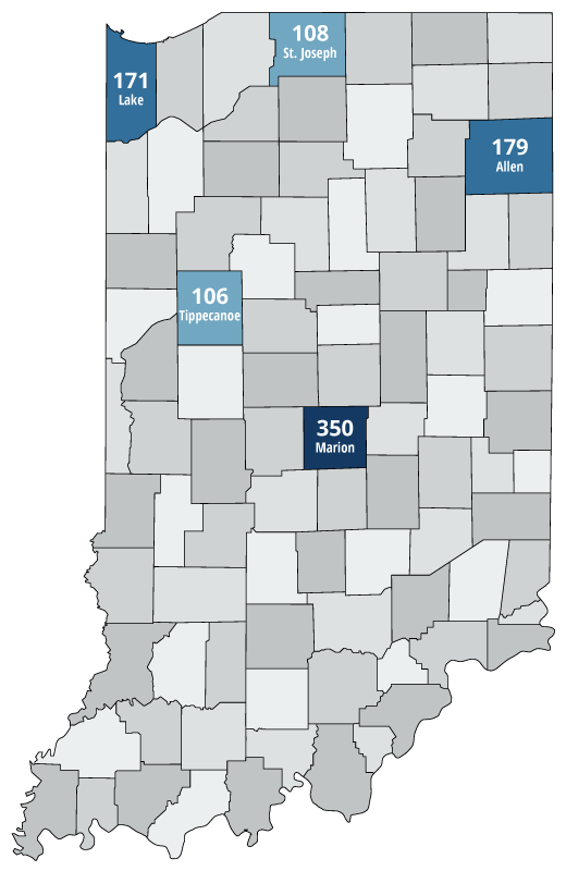 Map showing five counties with most collisions: Marion, Allen, Lake, St. Joseph, and Tippecanoe