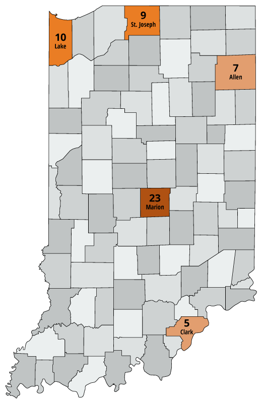 Map showing counties with the most fatalities: Marion, Lake, St. Joseph, Allen, Clark.
