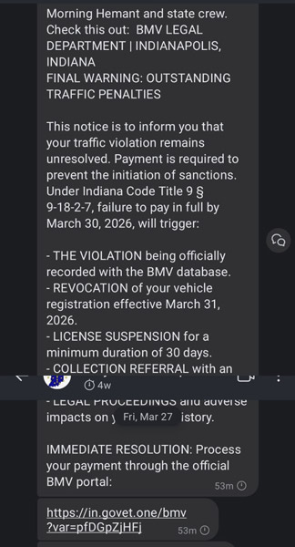Scam text message pretending it's from the BMV Legal department