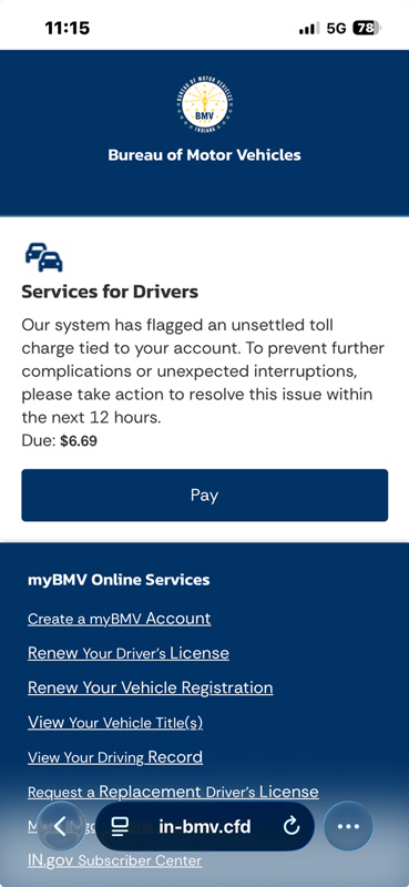Screen shot of malicious website posing as IN.gov