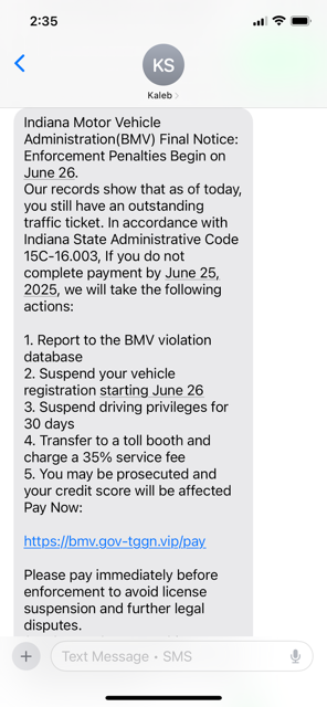 Indiana Motor Vehicle Administration text scam