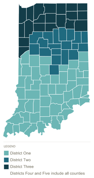 Map of Indiana counties highlighting the districts