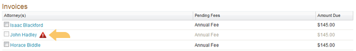 Figure of attorney invoices table showing example of icon for missing fees