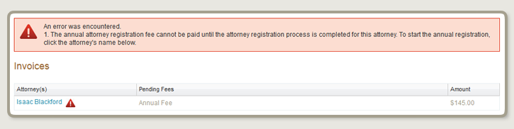 Figure displaying error indicating annual registration is incomplete