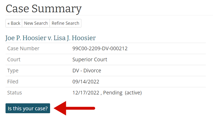 Screenshot of case information with button asking "Is this your case?"