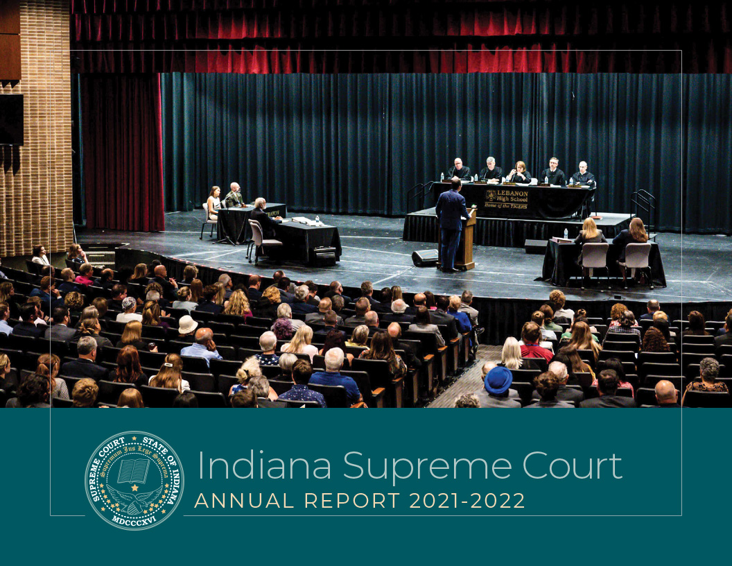 Cover of the 2021-2022 report, a view of the Lebanon traveling oral argument from the back of the auditorium.