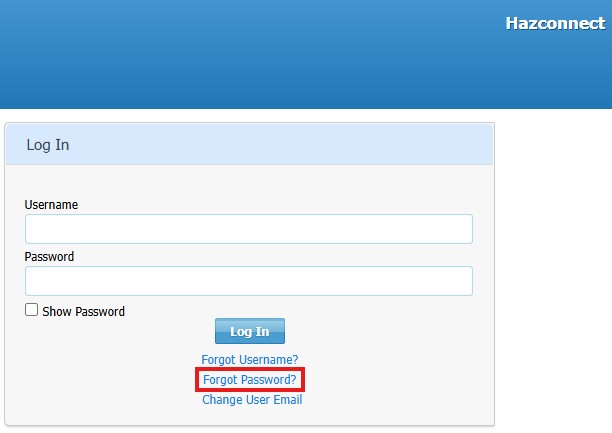 Screenshot of Hazconnect Login Screen