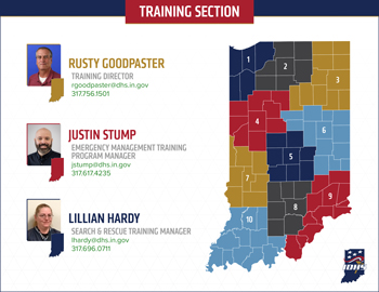Map of Indiana counties with color-coded districts with numbers and people's contact info