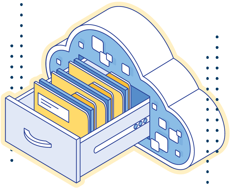 Graphic depicting a filing cabinet drawer coming out of a cloud