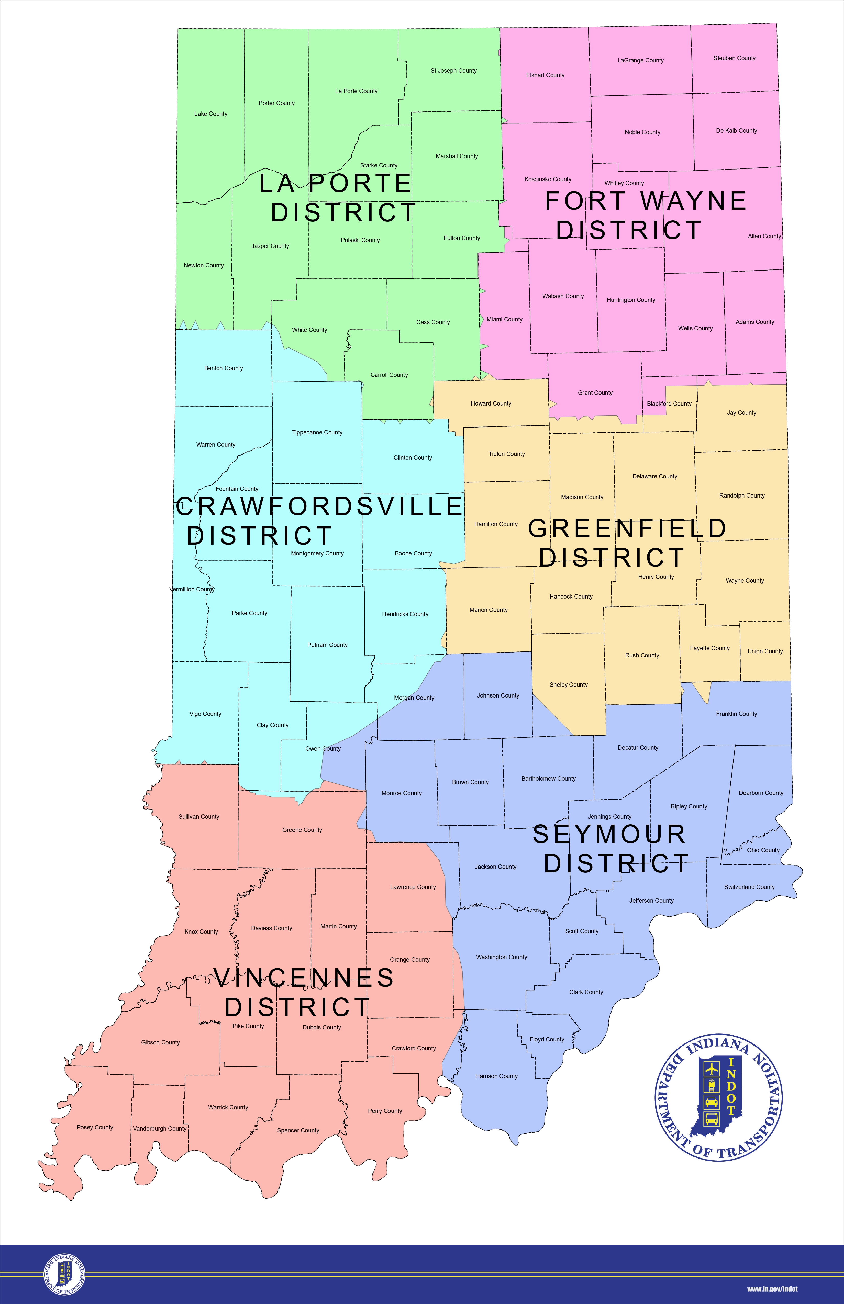 A map showing the six districts of the Indiana Department of Transportation (INDOT). The districts are: La Porte District; Fort Wayne District; Crawfordsville District; Greenfield District; Seymour District; Vincennes District