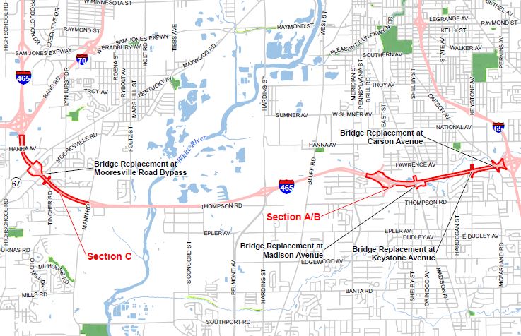 Map of the I-465 Reconfiguration project.