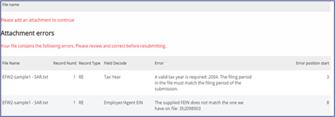 A snapshot showing which files have attachment errors and asking for corrections before continuing
