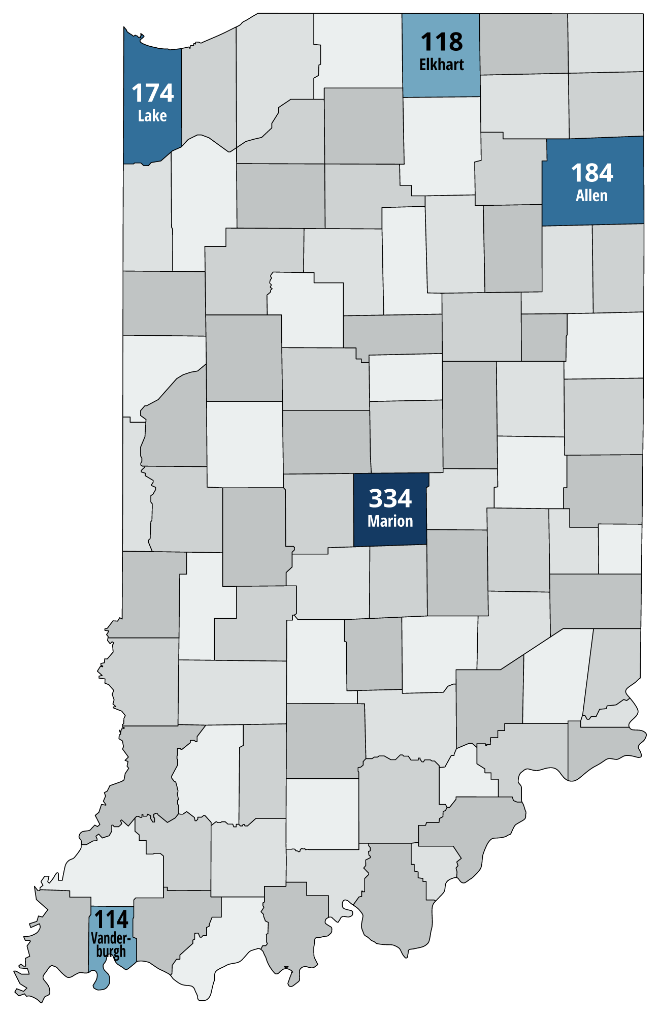 Map showing five counties with most collisions: Marion, Allen, Lake, St. Joseph, and Tippecanoe