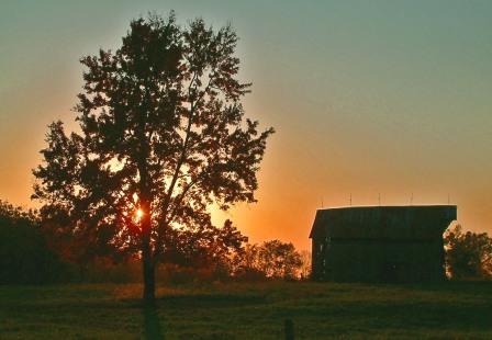 A sunset over a farm