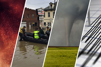 Illustration of fire, flood, tornado and earthquake