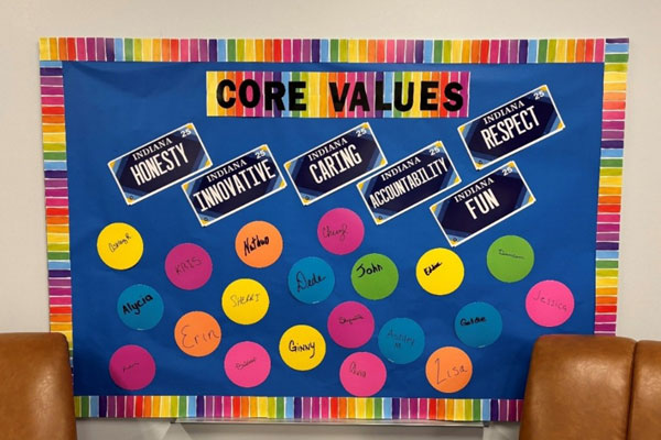 Wall display of BMV's Core Values with rainbow colored circles