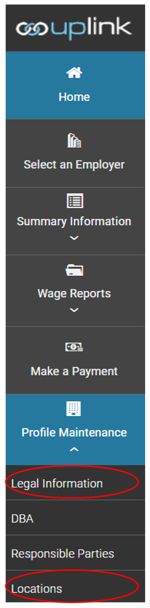 ESS Uplink List Options under Profile Maintenance with red ovals around options: Legal Information and Locations