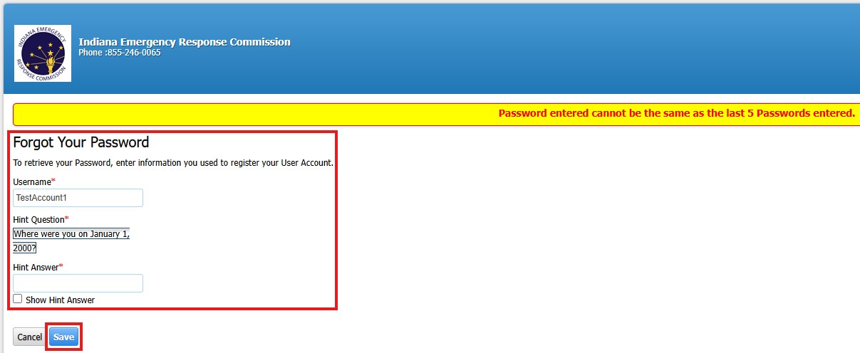 Screenshot of Hazconnect Cannot Be Same Password Message